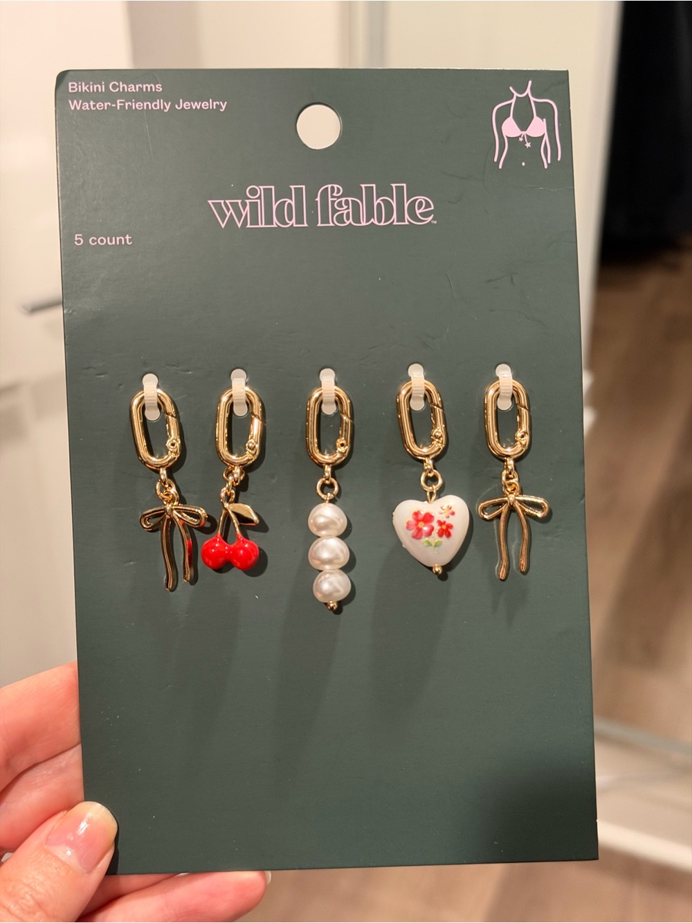 wild fable Gold Charm Earring Set with Red Cherry, White Pearl & Floral Heart